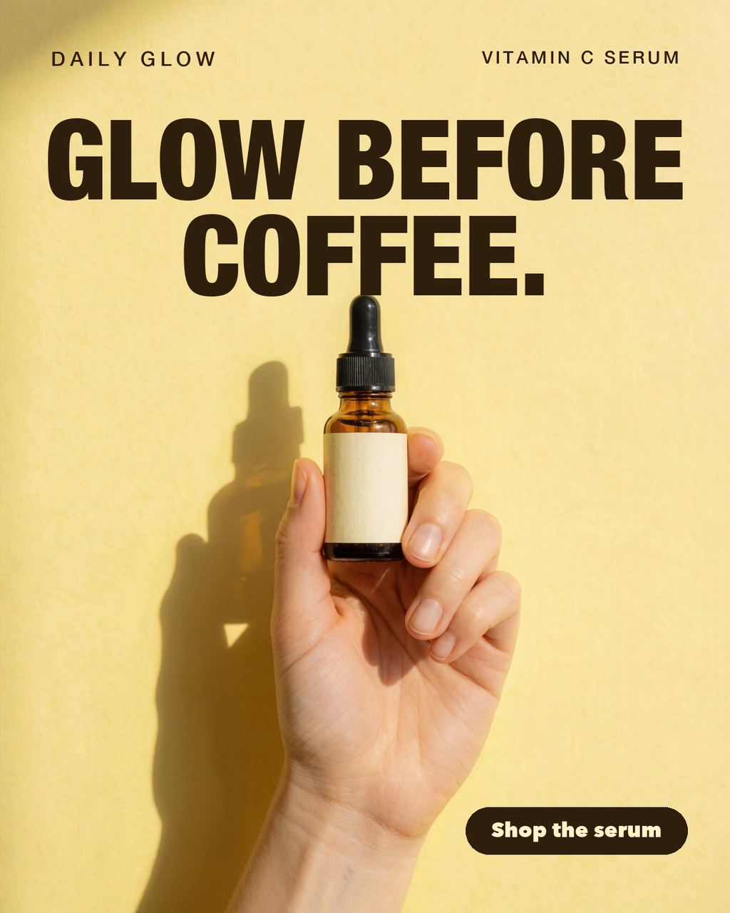 Static ad built from the winning formula: problem-statement headline over the creator holding the serum