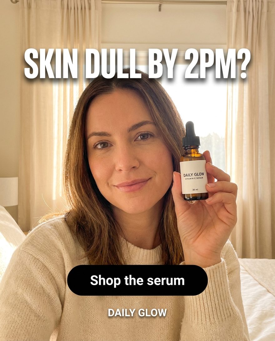 Creator holding the DAILY GLOW serum to camera, headline “Skin dull by 2PM?” over a Shop the serum button