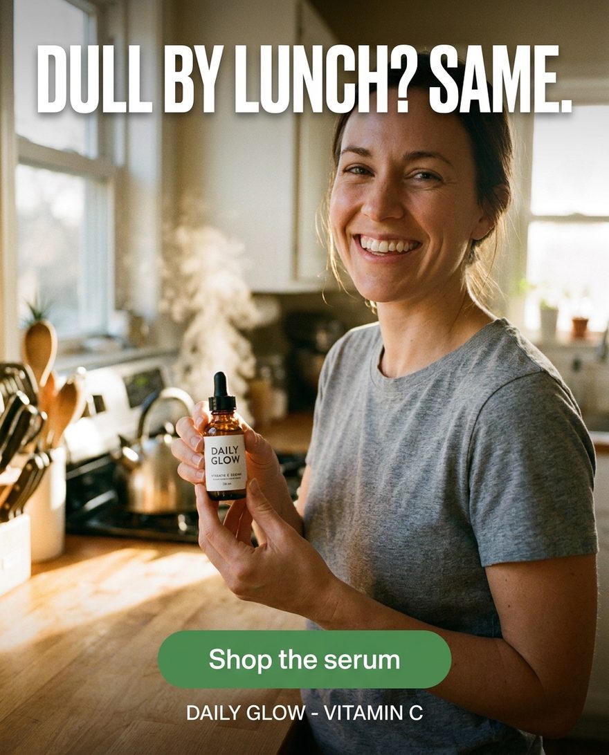 The same product as a creator ad: a problem-statement headline, the bottle in hand and a Shop the serum button - the version Brand Memory pointed at