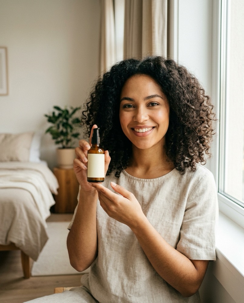 A creator ad for the same product: a problem-statement headline, the bottle in her hand, shot at home