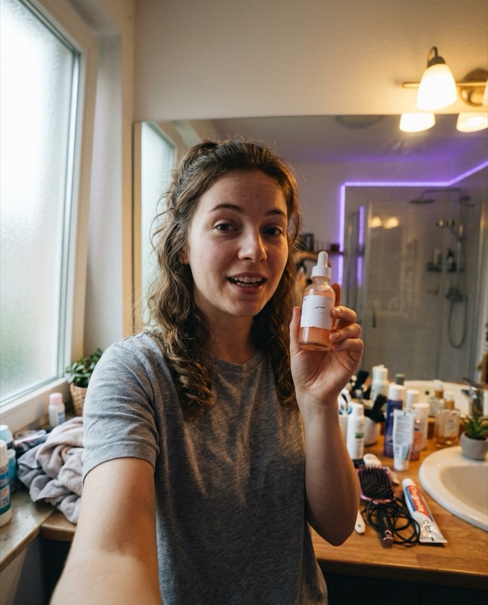Creator holding the serum in her bathroom
